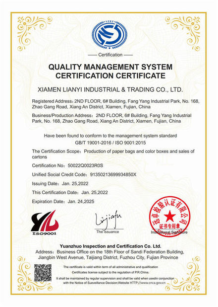 चीन Lianyi International industrial and trading co.,Ltd प्रमाणपत्र
